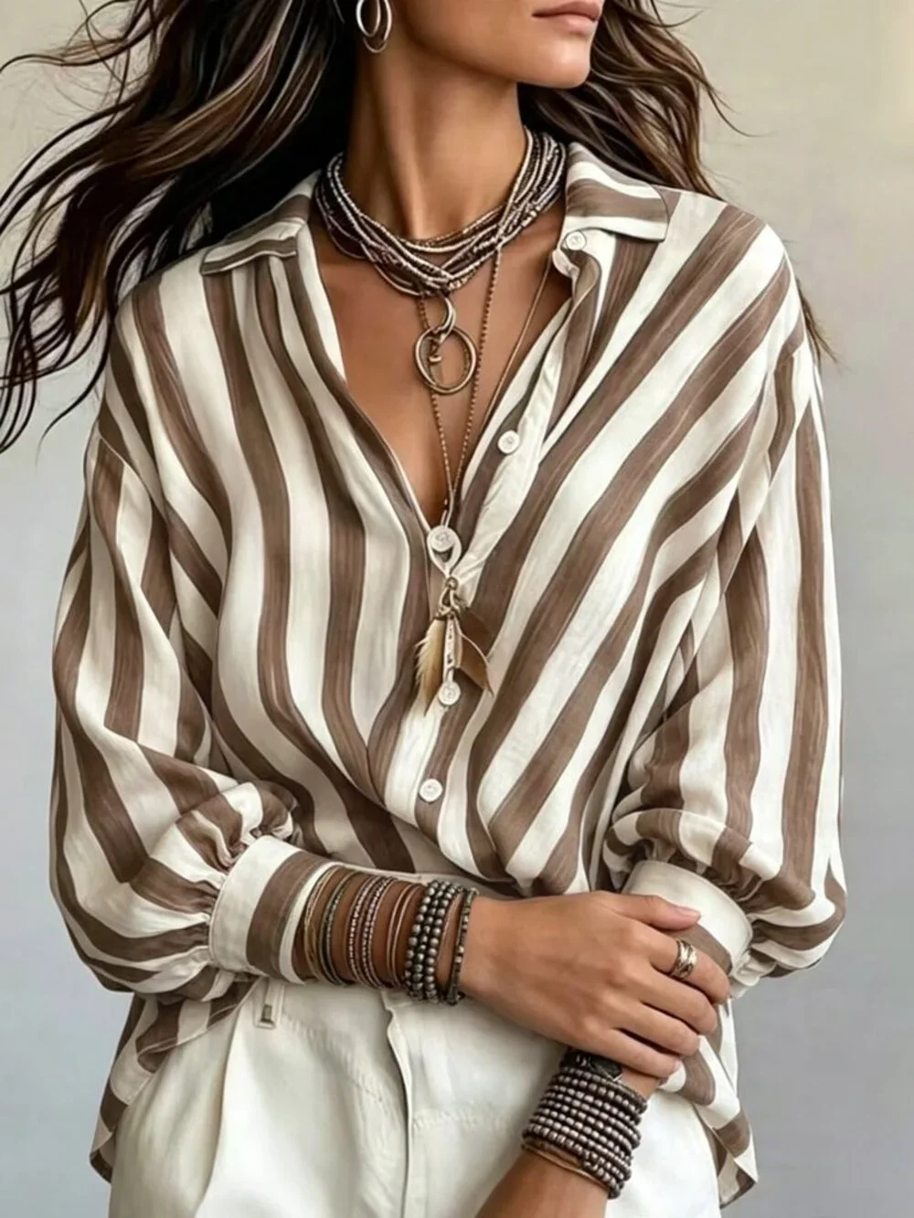 Brown Casual Women's Striped Oversized Long Shirt